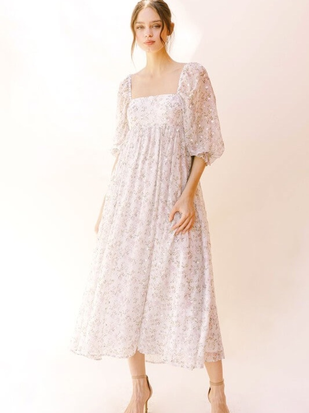 Women's Square Neck Puff Sleeve Midi Dress in Light Floral